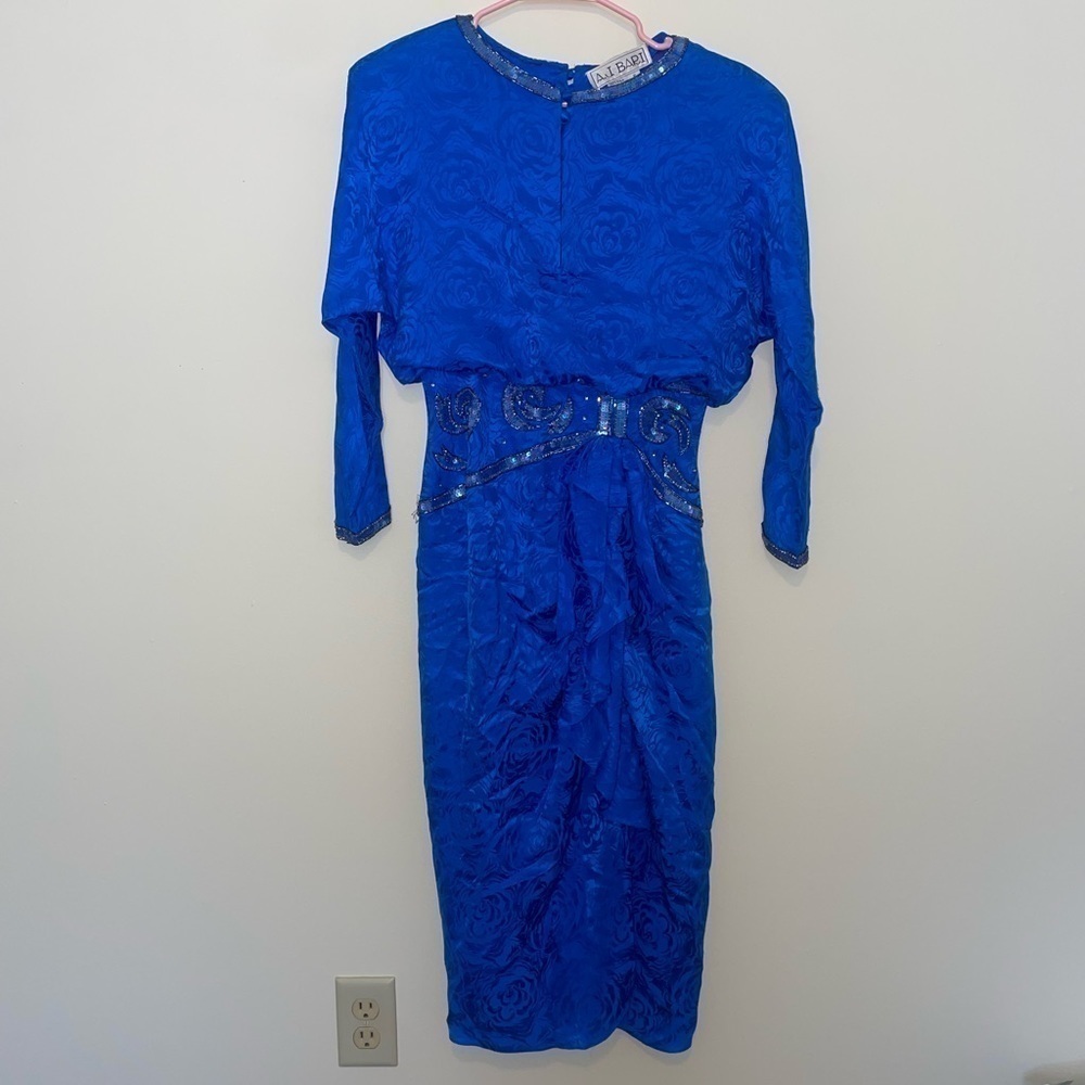 Vintage 80s A.J. Bari Blue 100% Silk Rose Print Sequin Dress Size 6
